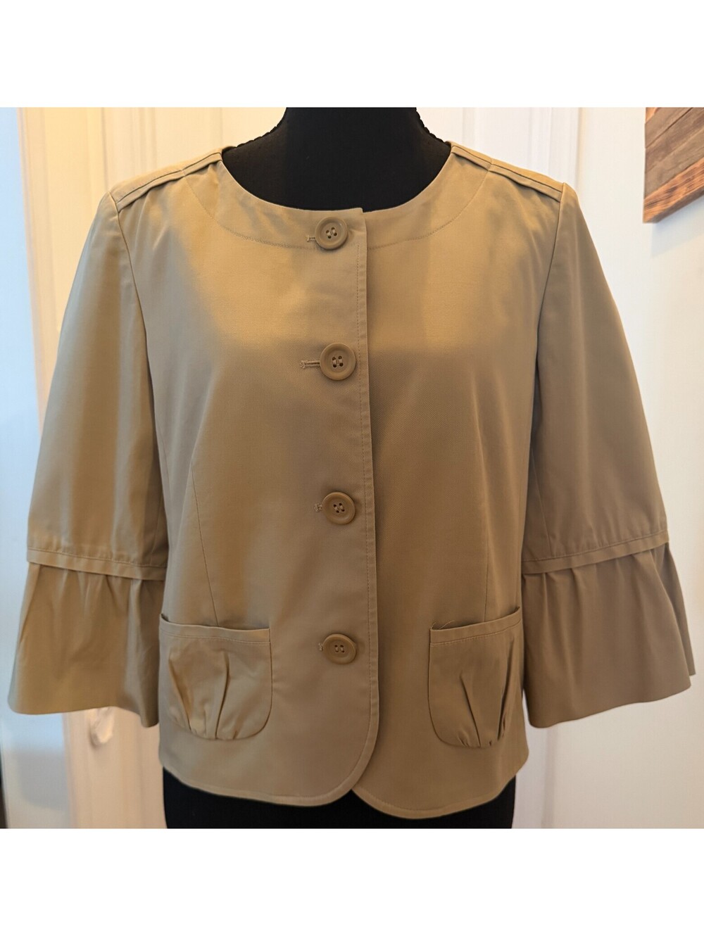 Ann Taylor LOFT Petites Cropped Jacket 10P Khaki Tan Button Up Ruffle Sleeve